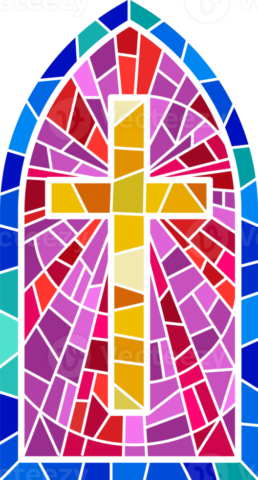 Church glass window. Stained mosaic catholic frame with cross, book and religious symbols. png