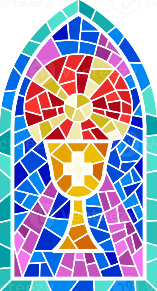 Church glass window. Stained mosaic catholic frame with cross, book and religious symbols. png