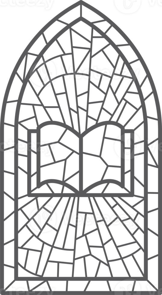 Church glass window. Stained mosaic catholic frame with cross, book and religious symbols. png