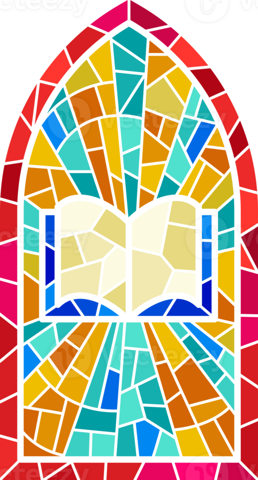 Church glass window. Stained mosaic catholic frame with cross, book and religious symbols. png