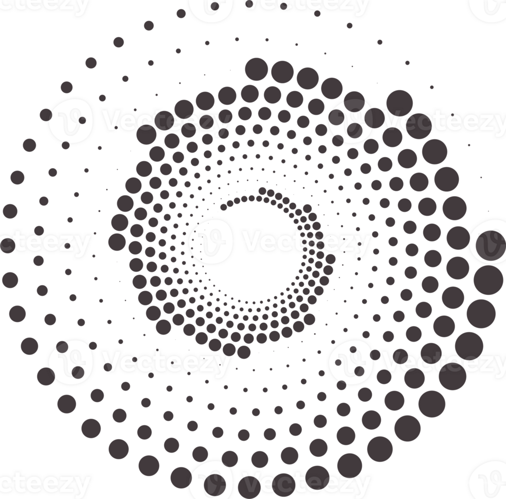 Dotted circles pattern. Abstract half tone graphic. Circular textured round spiral frame. Swirl geometric rings with gradation. png