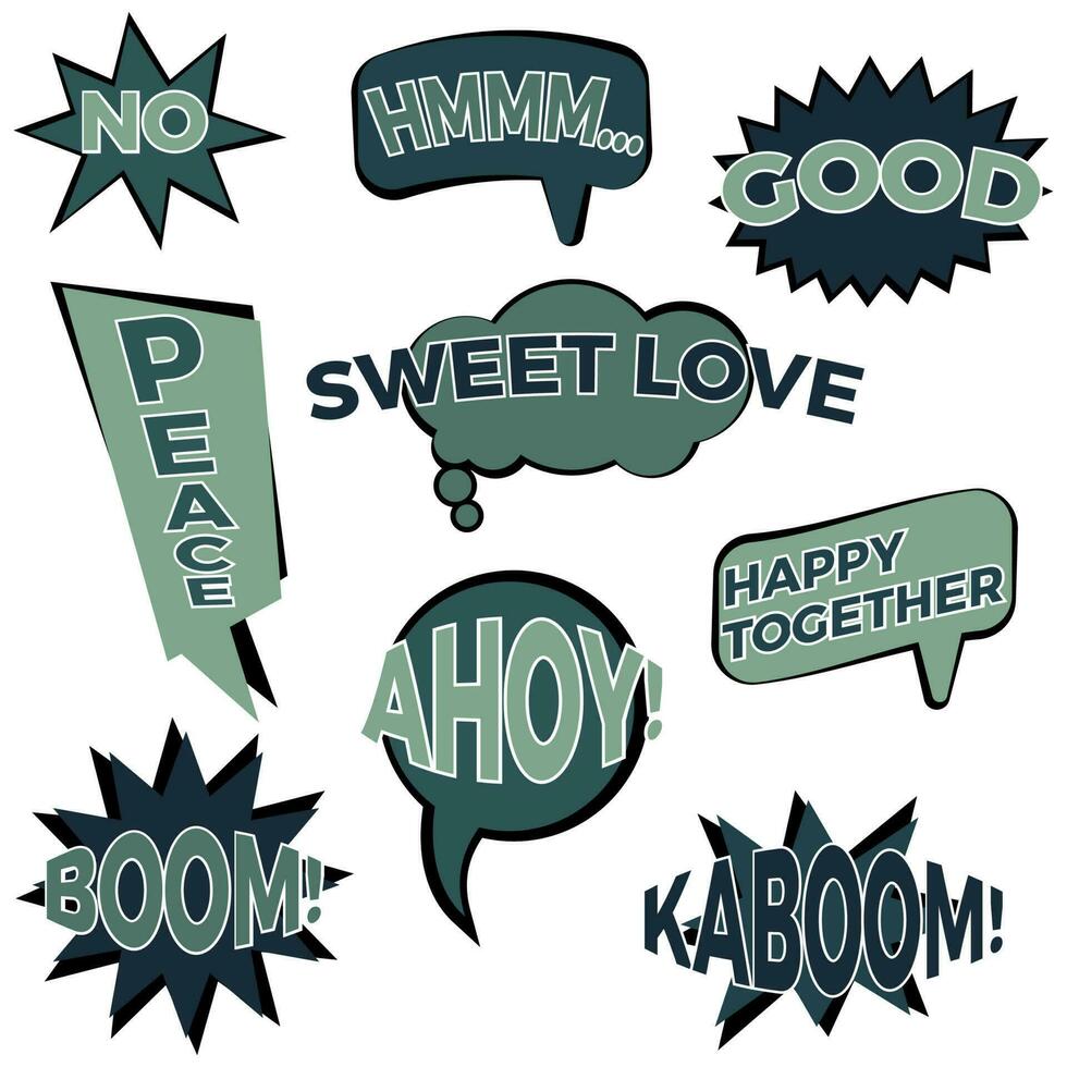 Set of nine cartoon comic balloon speech bubbles in flat style. Elements of design comic books with different phrases. Vector illustration