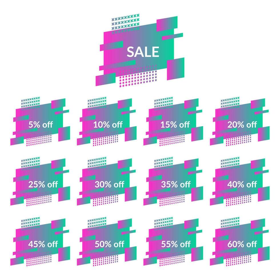 Set of sale banners on the modern gradient shape. Geometric trendy banners with discounts of five to sixty percent vector