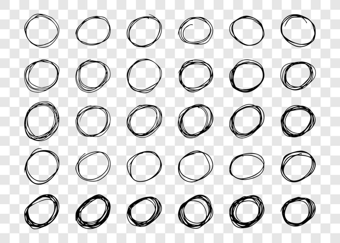 Hand drawn scribble circles. Set of thirty black doodle round circular design elements vector