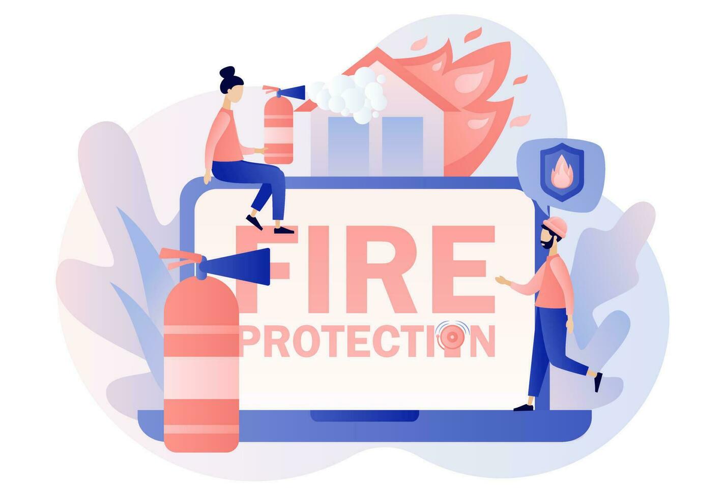 Fire protection concept. Fire Alarm online. Tiny woman with fire prevention smartphone app. Firefighters rescuer. Modern flat cartoon style. Vector illustration on white background