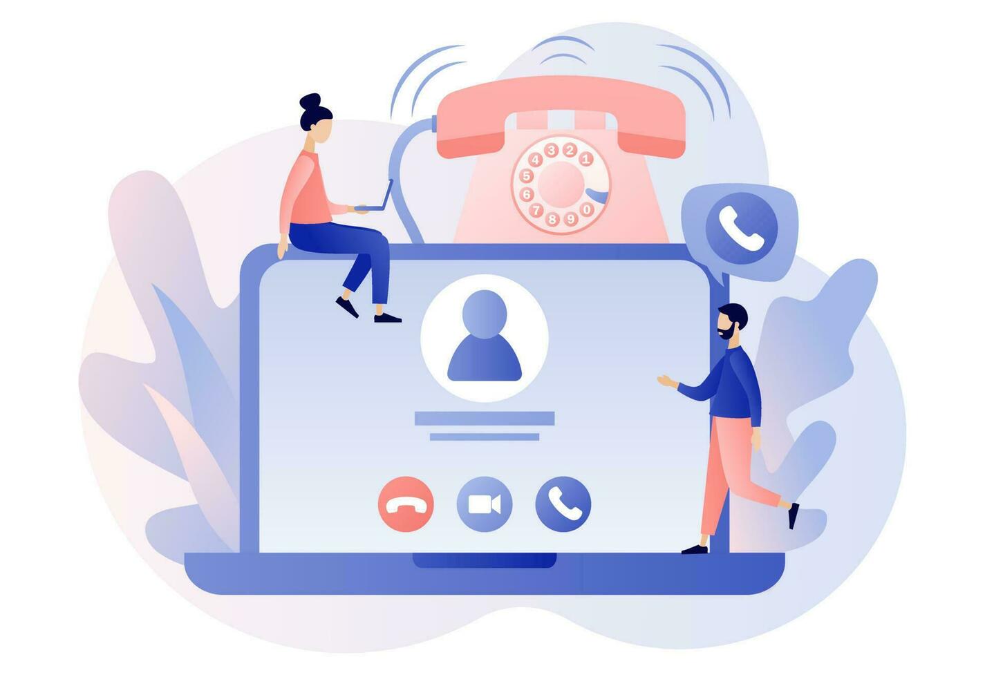 Phone call concept. Tiny people receive incoming call online. Accept Button, Decline Button, Video call. Communication device. Retro phone. Modern flat cartoon style. Vector illustration