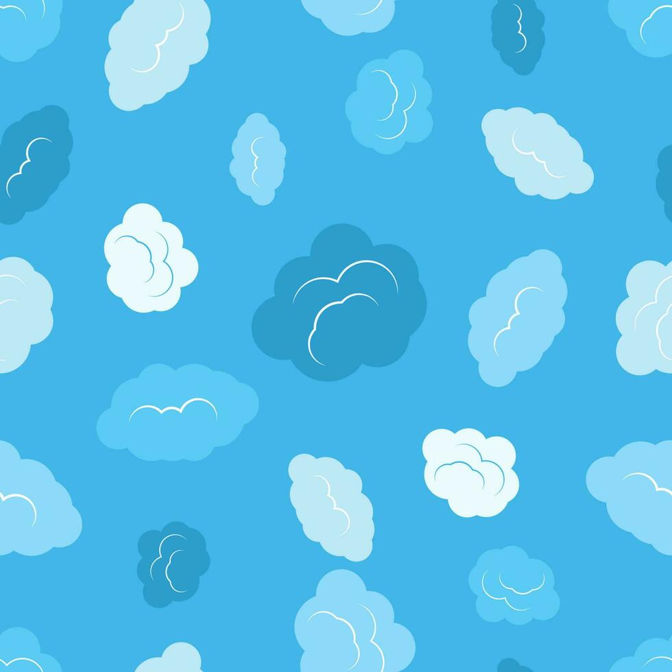 Seamless pattern with clouds on blue sky. Cute endless cloudscape. Vector illustration.