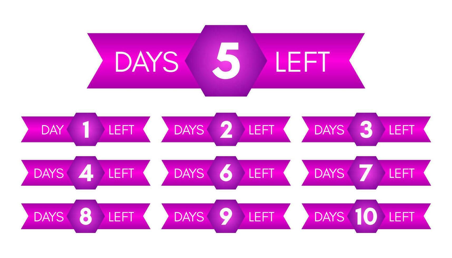 Number of days left. Set of ten purple banners with countdown from 1 to 10. Vector illustration