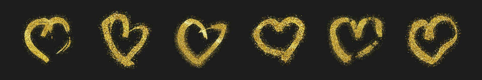 Set of six gold glitter doodle hearts on dark background. Gold grunge hand drawn heart. Romantic love symbol. Vector illustration.