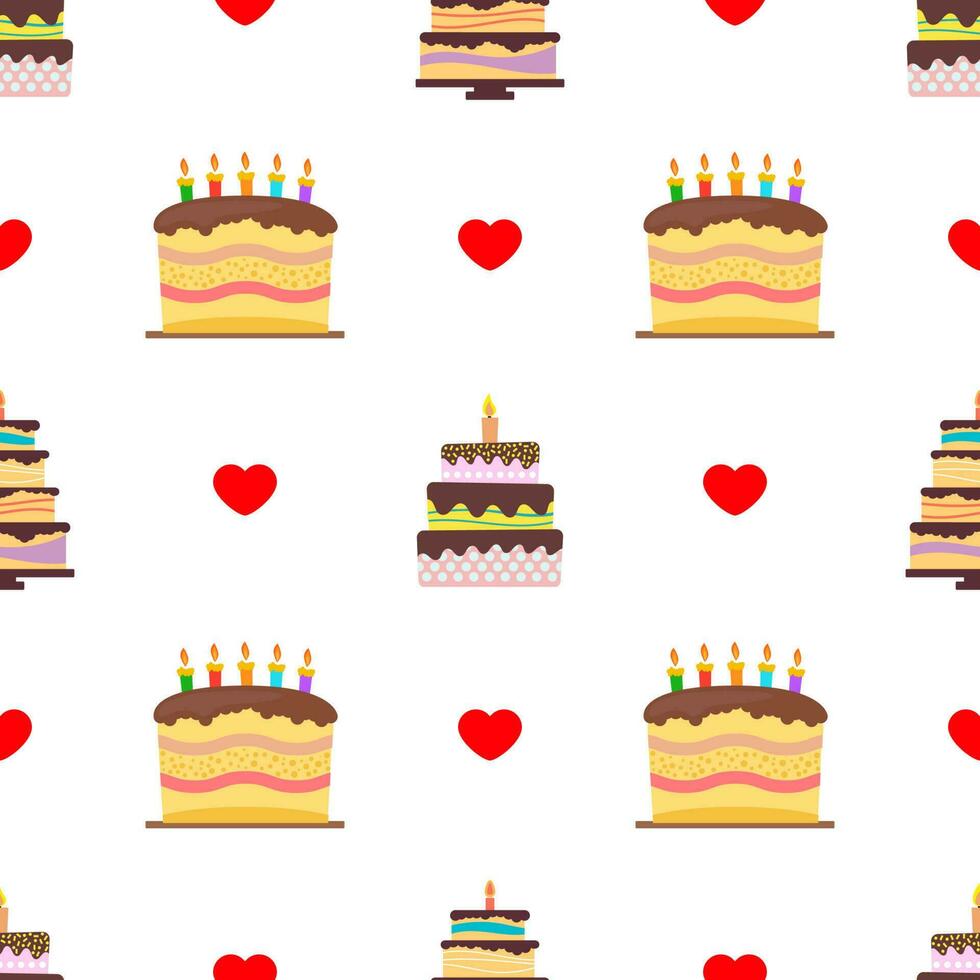 Seamless Pattern with colorful hearts, sweet cakes and pies. Vector illustration.