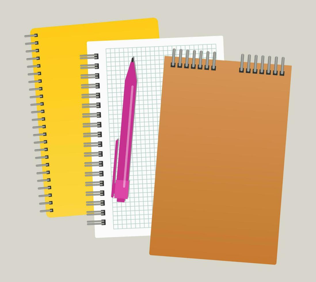 Three notepads and a pen. Vector illustration
