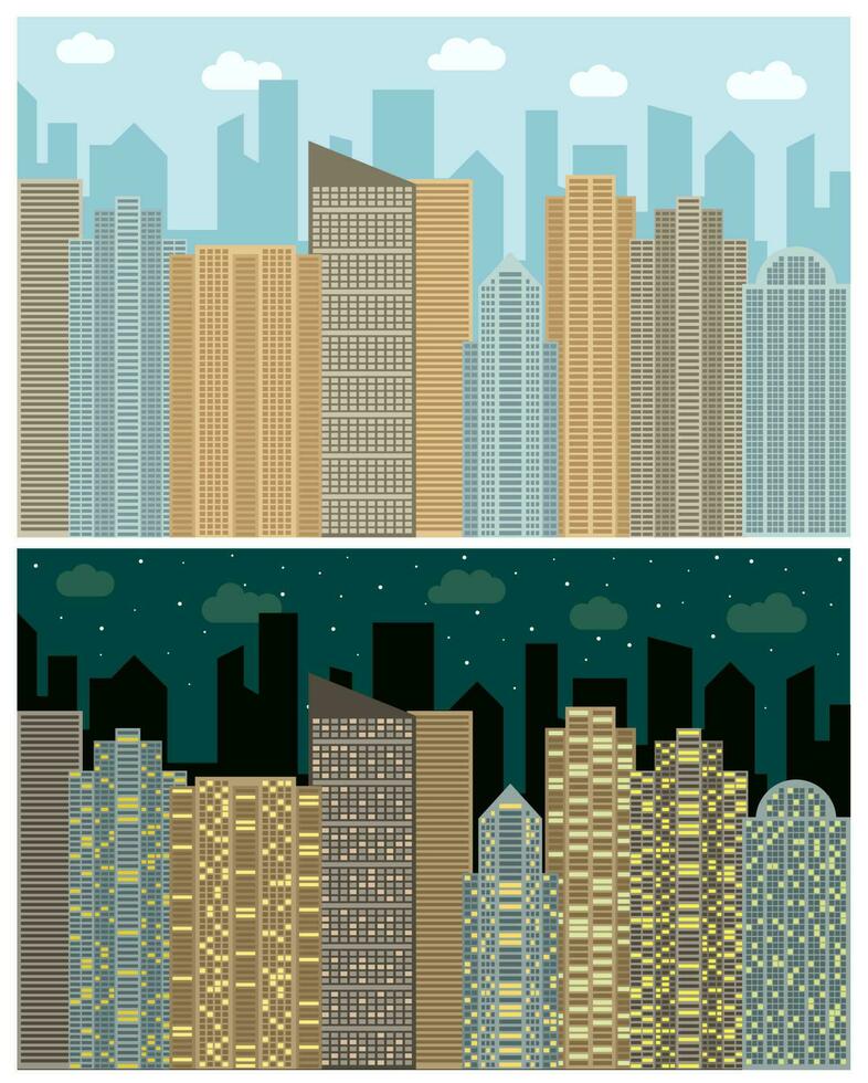 calle ver con paisaje urbano, rascacielos y moderno edificios en el día y noche. vector urbano paisaje ilustración.