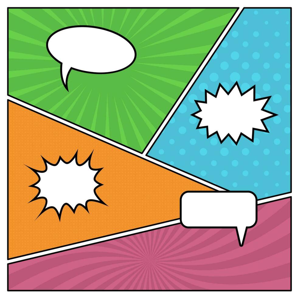 Colorful comic book page background in pop art style with empty speech bubbles. Template with rays and dots pattern. Vector illustration
