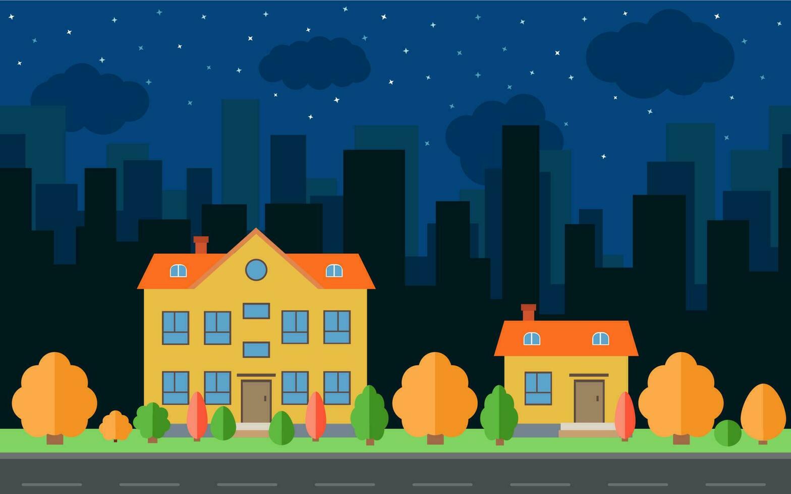 Vector night city with two cartoon houses and buildings with trees and shrubs. City space with road on flat style background concept. Summer urban landscape. Street view with cityscape on a background