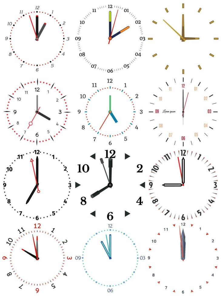 A set of different mechanical clocks with an image of each of the twelve hours. Clock face on white background. vector