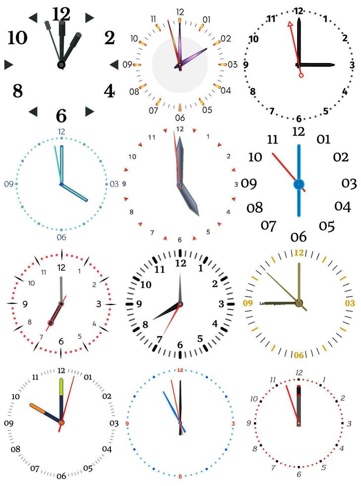 A set of different mechanical clocks with an image of each of the twelve hours. Clock face on white background. vector