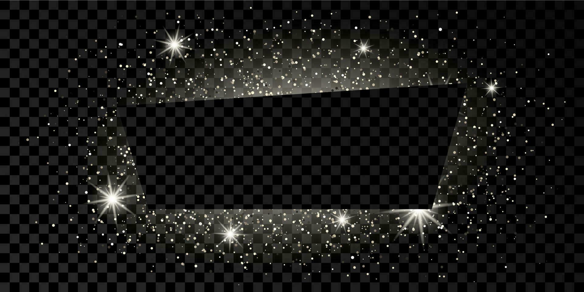 Silver trapezium frame with glitter, sparkles and flares on dark vector