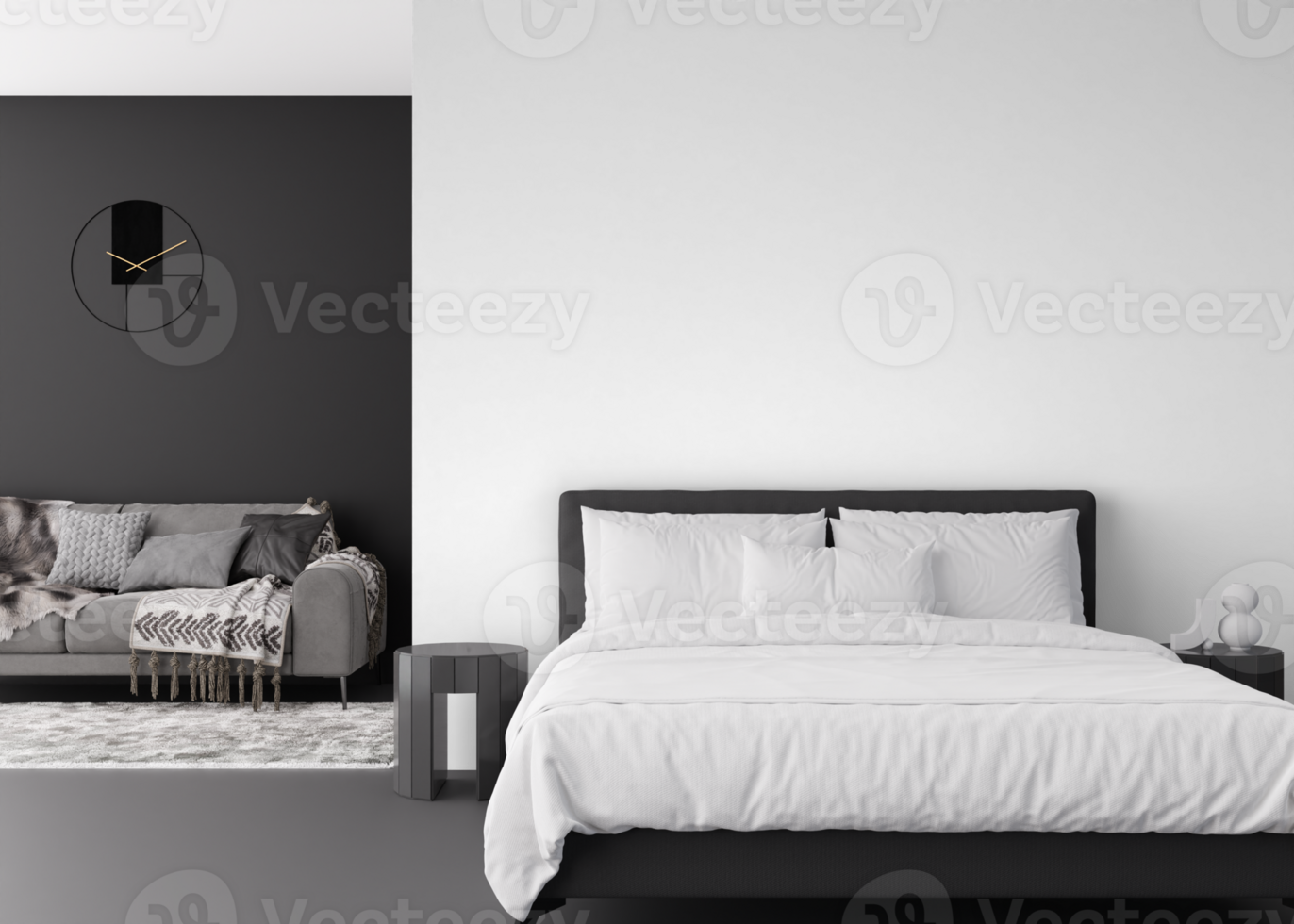 Wallpaper presentation mock up. Bedroom furniture and home accessories on transparent background. Copy space for wallpaper, wall panels, photo wallpaper, print or paint. Interior wall mockup. 3D. png