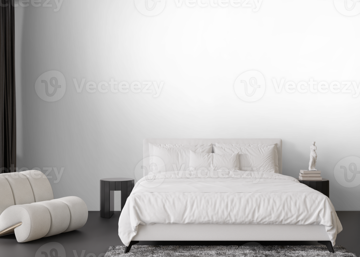 Wallpaper presentation mock up. Bedroom furniture and home accessories on transparent background. Copy space for wallpaper, wall panels, photo wallpaper, print or paint. Interior wall mockup. 3D. png