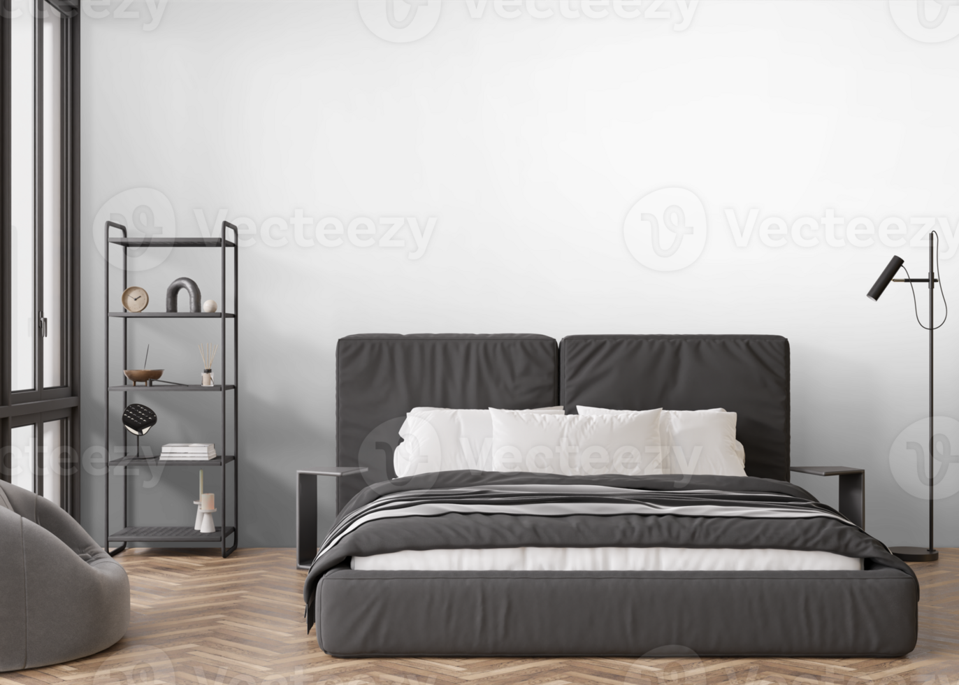 Wallpaper presentation mock up. Bedroom furniture and home accessories on transparent background. Copy space for wallpaper, wall panels, photo wallpaper, print or paint. Interior wall mockup. 3D. png