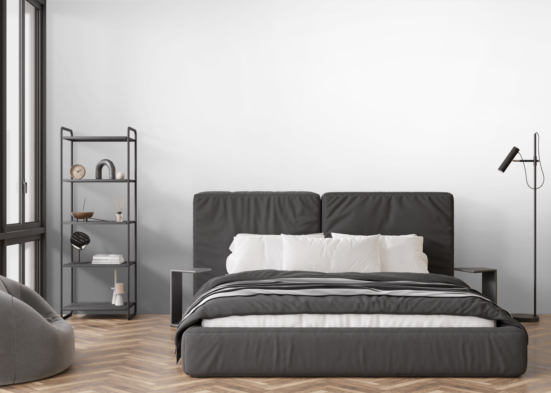 Wallpaper presentation mock up. Bedroom furniture and home accessories