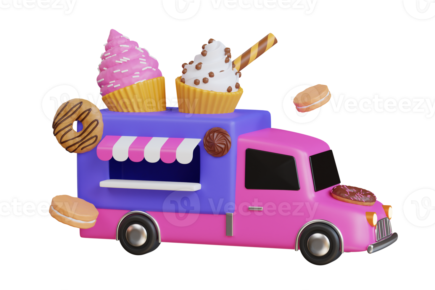 Cake food truck 3d illustration. Bakery truck. Sweets Breakfast Bakery Food Truck Delivery Master. 3d illustration png