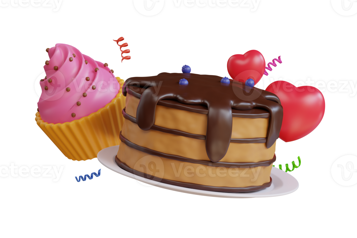 Sweet food 3d illustration. Cake, cupcake with hearts.  Illustration of cakes, cupcake. 3d illustration png