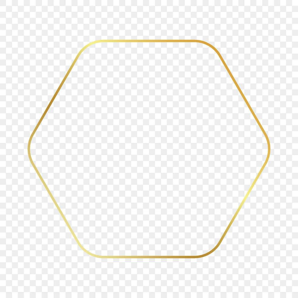 Gold glowing rounded hexagon frame isolated on background. Shiny frame with glowing effects. Vector illustration.