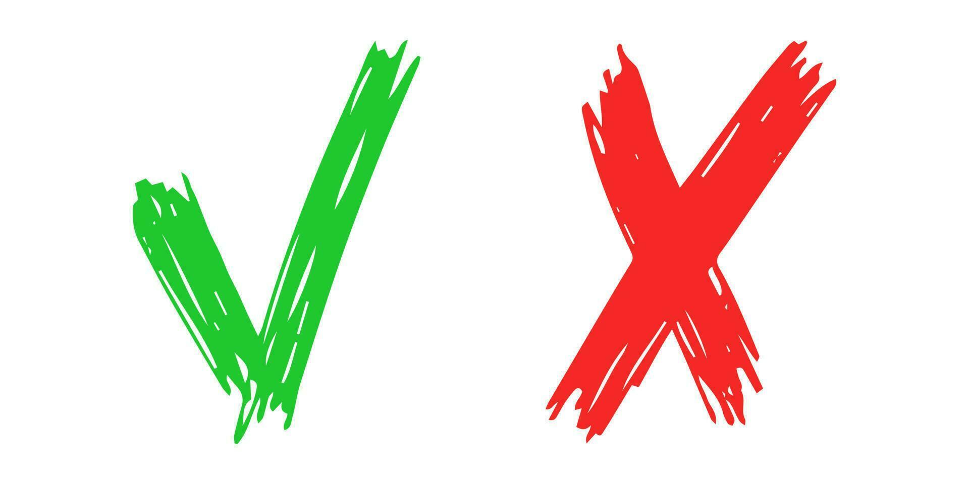Hand drawn check and cross sign elements isolated on white background. Grunge doodle green checkmark OK and red X icons. Vector illustration