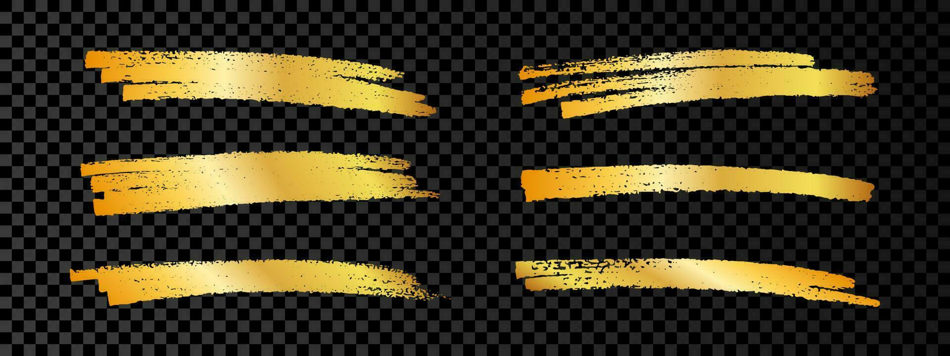 Gold paint brush smear stroke. Set of six abstract gold glittering sketch scribbles smears on dark vector