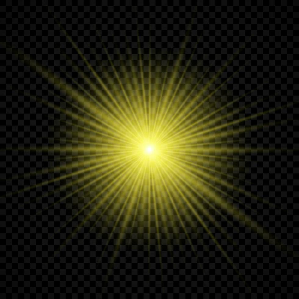 Light effect of lens flares. Yellow glowing lights starburst effects with sparkles vector