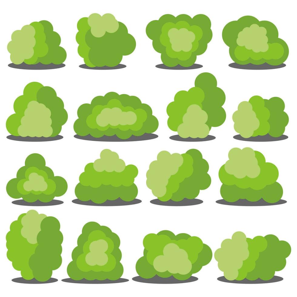 Set of sixteen different cartoon green bushes isolated on white background. Vector illustration