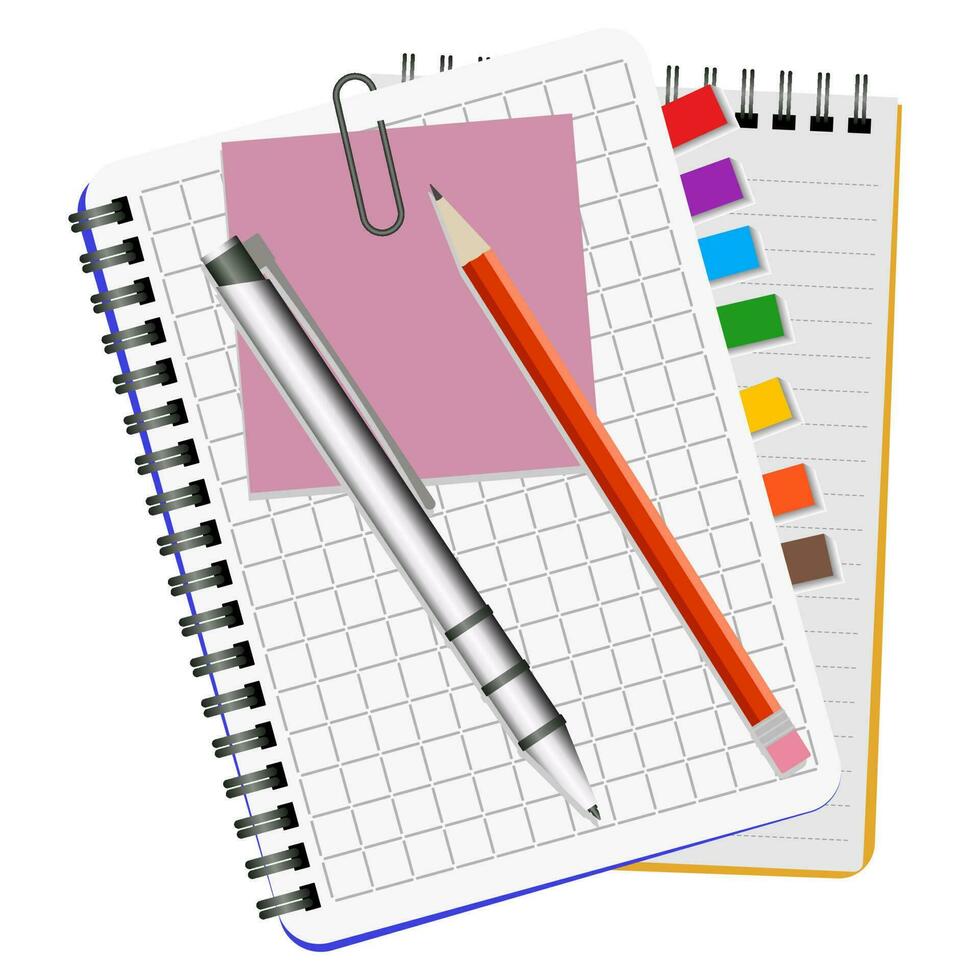 Two notebooks, white pen and red pencil on a white background vector