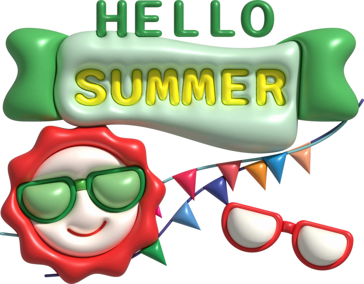 illustration 3d. Sun wearing sunglasses icon and text hello summer for design. png