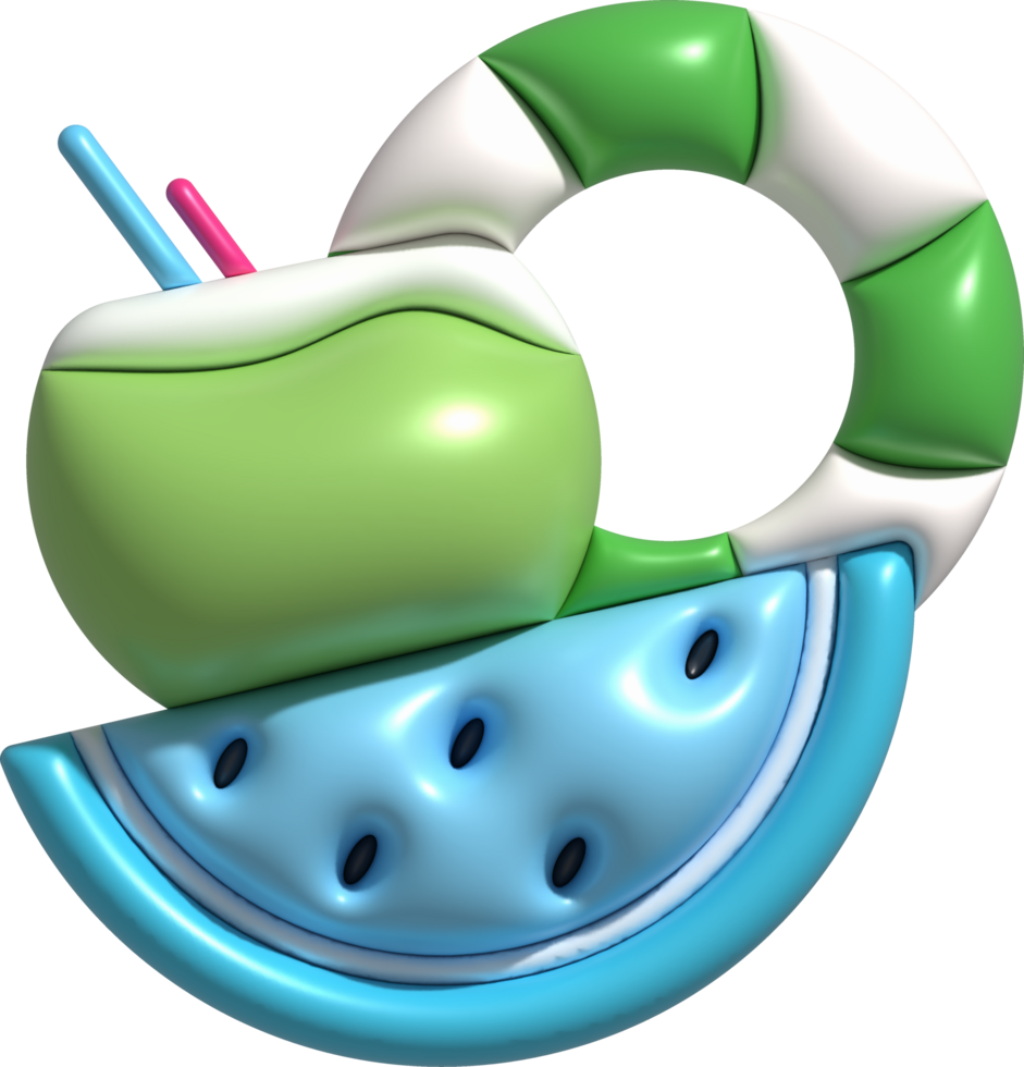 illustration 3D. Watermelon set. Coconut. Swimming ring. In summer. png