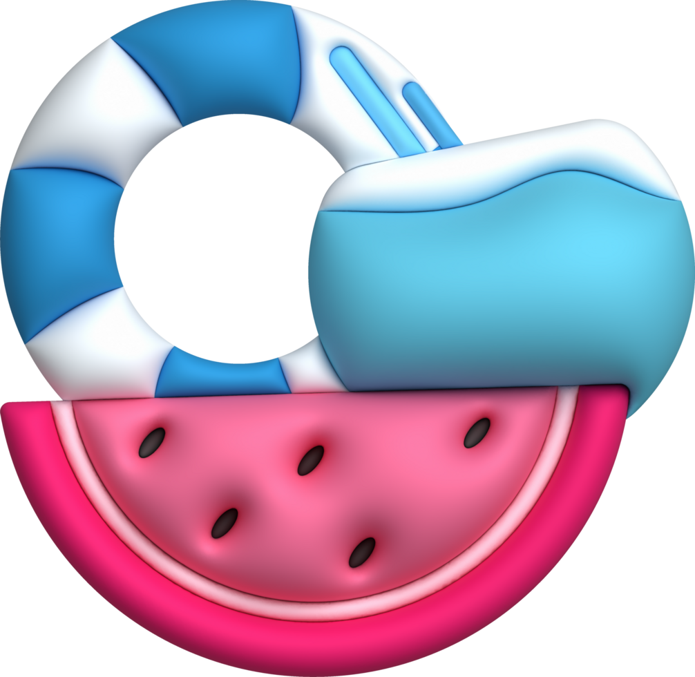 illustration 3D. Watermelon set. Coconut. Swimming ring. In summer. png