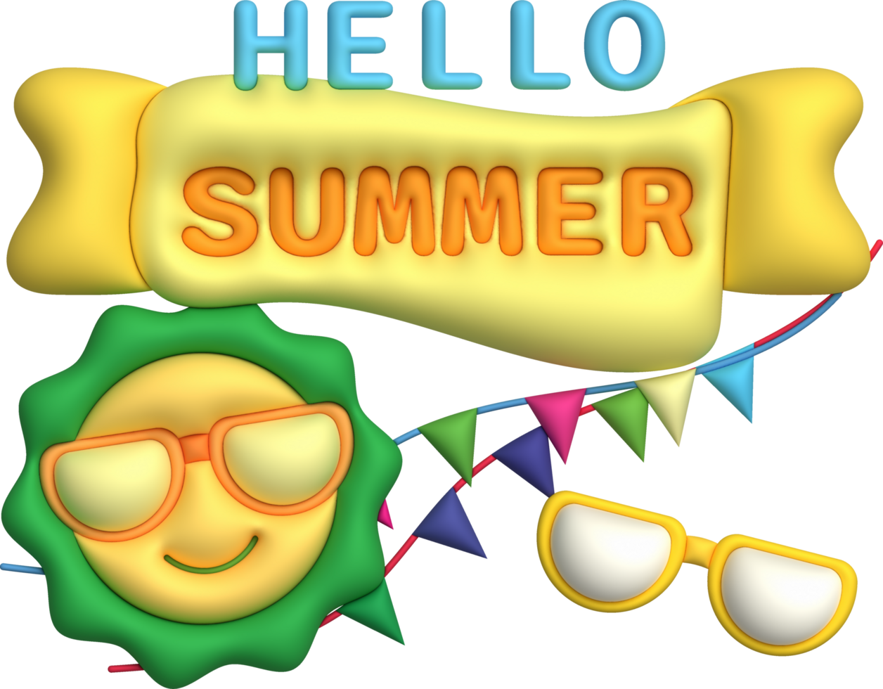 illustration 3d. Sun wearing sunglasses icon and text hello summer for design. png