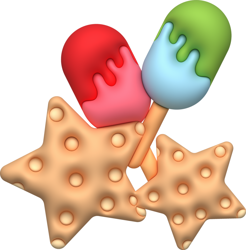 illustration 3D. Summer starfish and ice cream set for design. png