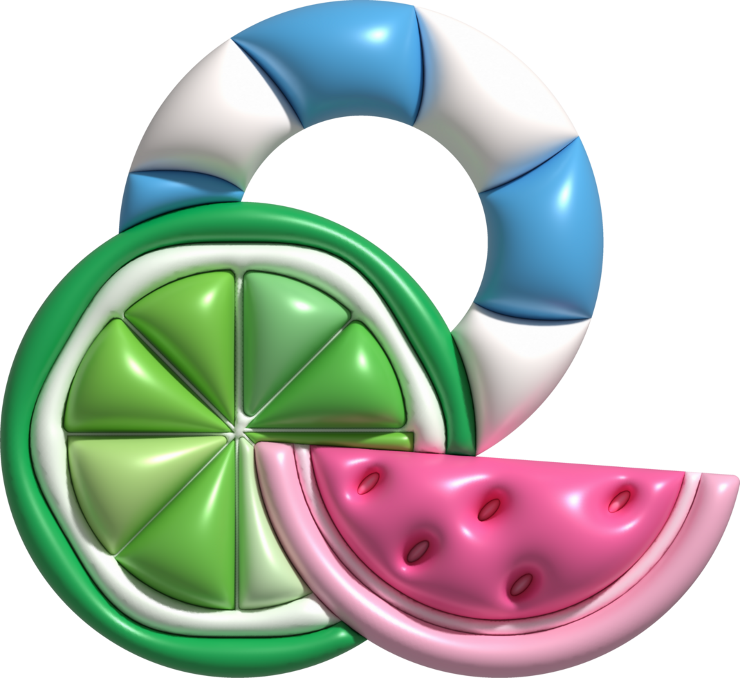 illustration 3D. Watermelon set. Orange. Swimming ring. In summer. png