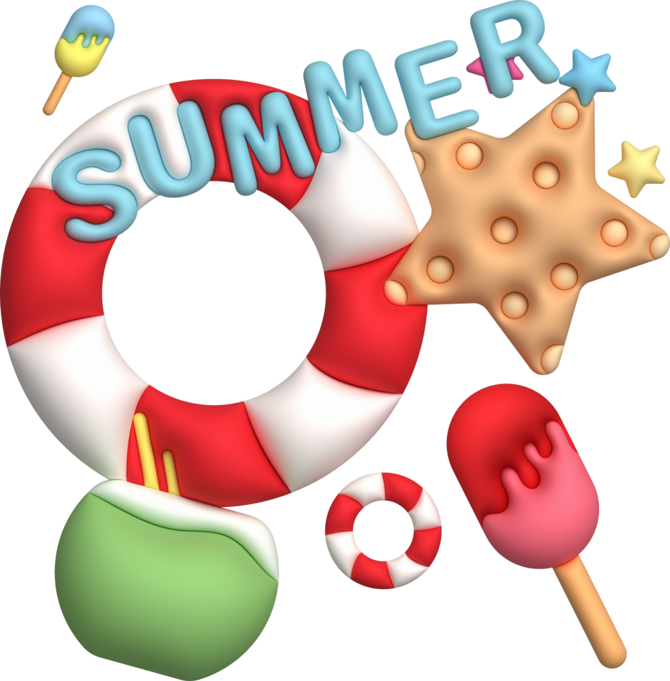 illustration 3d, icon set, starfish, ice cream, summer, for design png