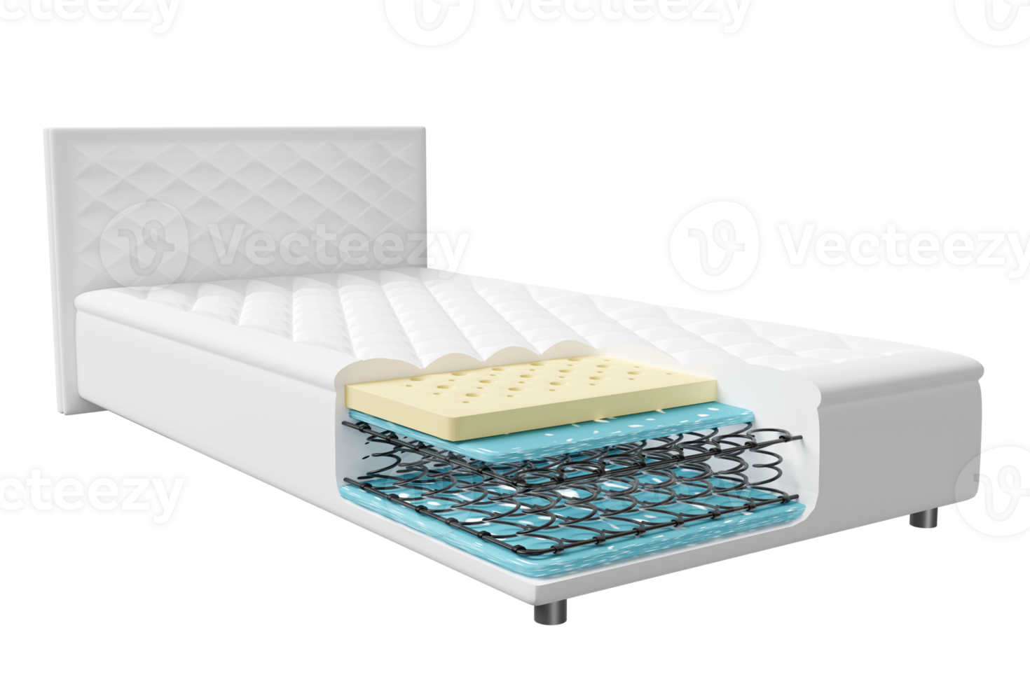 3d layered sheet material mattress with air fabric, coil spring, natural latex, memory foam isolated. 3d render illustration png