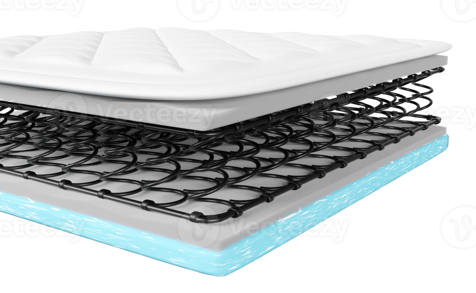 3d layered sheet material mattress with air fabric, coil spring, memory foam, soft sponge isolated. 3d render illustration png