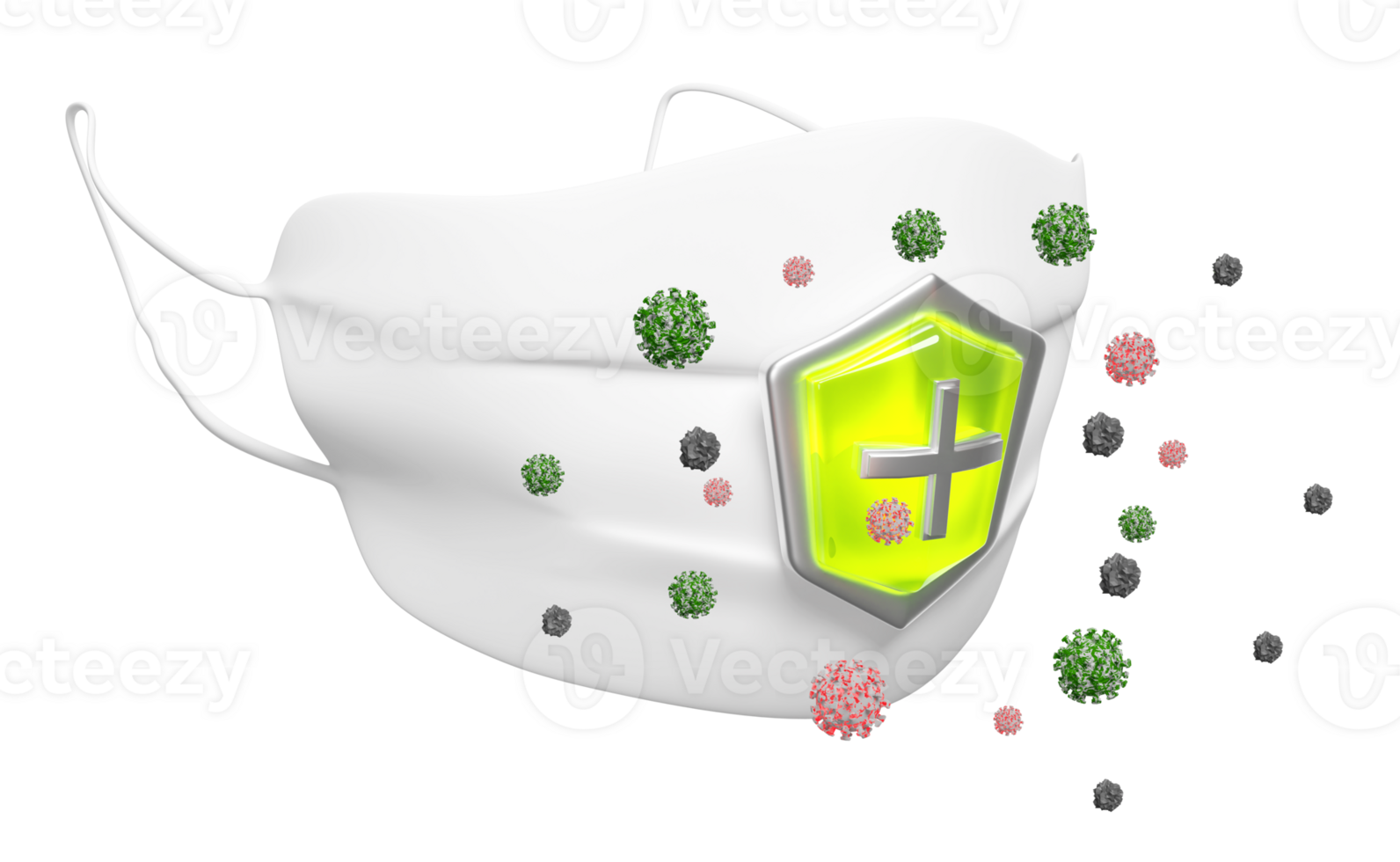 3d hygienic mask with green shield symbol icon to prevent dust, bacteria, prevent the spread of coronavirus isolated. 3d render illustration png