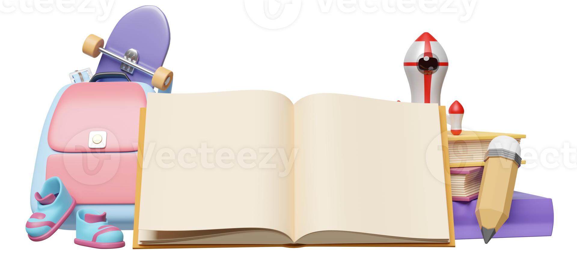 3d open book, back to school with green blackboard, backpack, textbook, sneakers, shoes, school bag, pencil, rocket icon isolated. education concept, 3d render illustration png