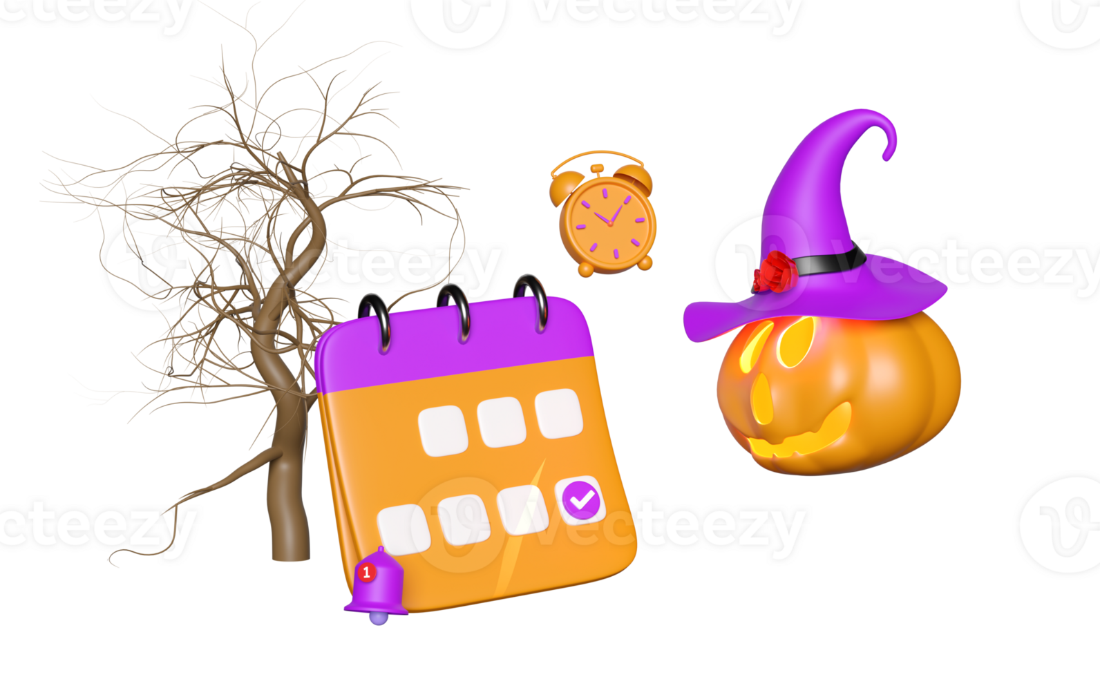 3d halloween pumpkin holiday party with calendar, marked date, notification bell,  purple witch pointed hat for happy halloween, 3d render png