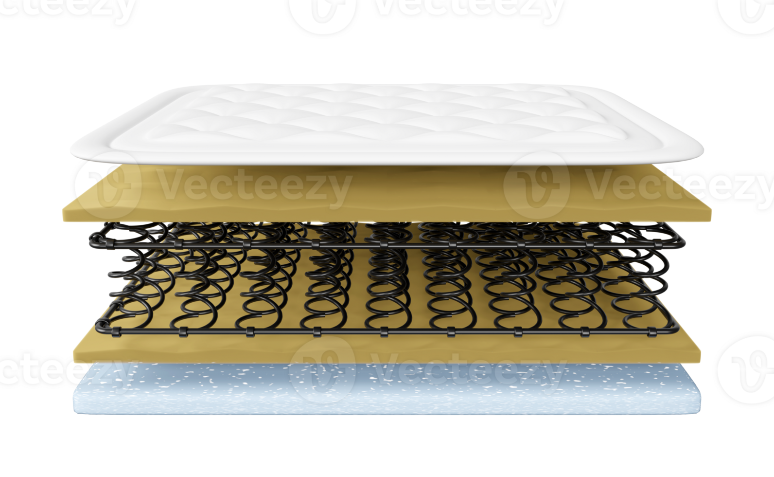 3d layered sheet material mattress with air fabric, coil spring, memory foam, soft sponge isolated. 3d render illustration png