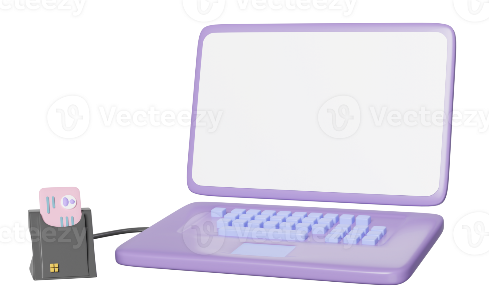 3d purple laptop computer with smart card reader, external USB card reader, Id card icon isolated. 3d render illustration png