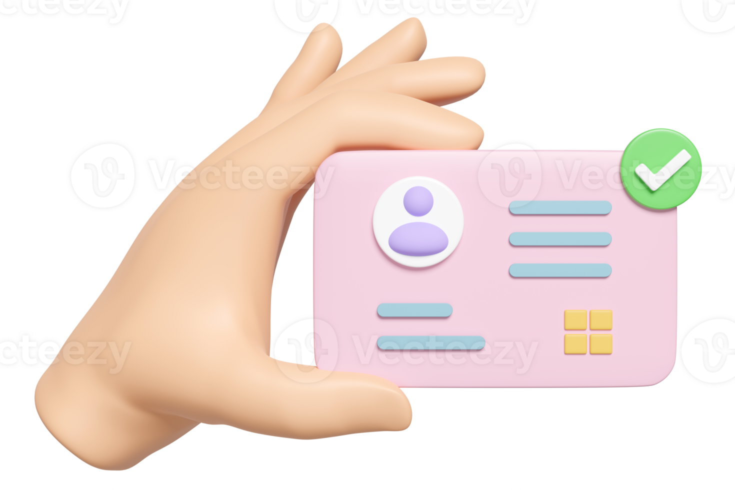 3d hand hold Id card icon with check mark isolated. human resources, plastic card, Job search concept, 3d render illustration png