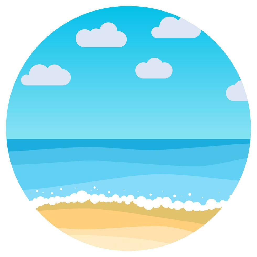 Vector landscape with summer beach in circle. Waves of the sandy beach, blue sky and sea. Landscape vector illustration.