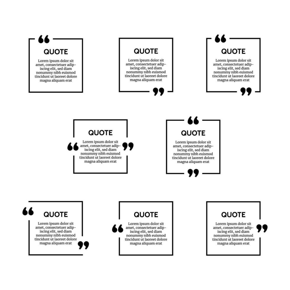 conjunto de ocho negro cuadrado citar caja marcos aislado en blanco antecedentes. vector ilustración